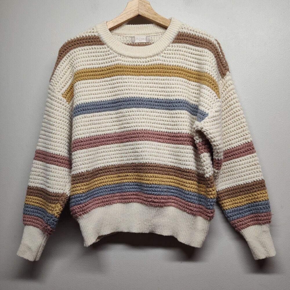 Altar'd State Crochet Sweater Women XS/S Cream Stripes Earthy Retro Boho Fall
